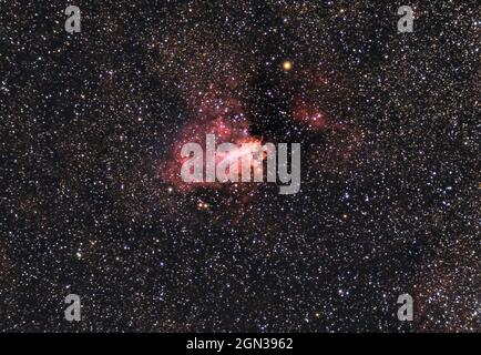 La Nebula Omega, conosciuta anche come la Nebula Swan, segno di spunta Nebula, e Horseshoe Nebula Messier 17, M17, catturata con un telescopio rifrangente Foto Stock