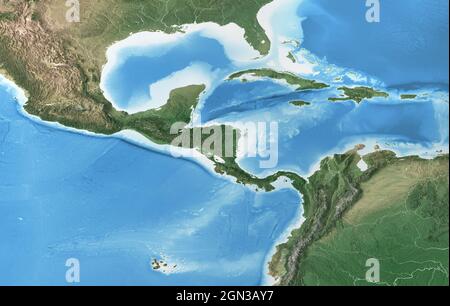 Mappa fisica dell'America Centrale e dei Caraibi. Vista satellite appiattita del pianeta Terra e della sua topografia. Elementi forniti dalla NASA Foto Stock