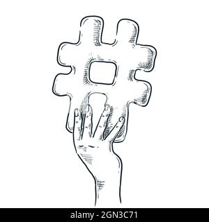 Mano umana che tiene il cartello hashtag. Illustrazione dello schizzo disegnata a mano vettoriale. Icona di comunicazione di social network, isolata su sfondo bianco. Intern Illustrazione Vettoriale