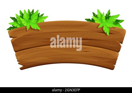 Vecchio asse di legno, cartellone decorato foglie di palma in stile cartone animato isolato su sfondo bianco. Giungla, elemento tropicale, tabellone testurizzato e dettagliato. Illustrazione Vettoriale
