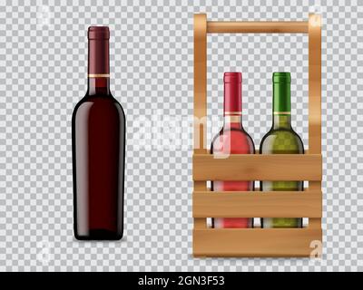 Bottiglia di vino isolata e custodia o scatola di legno. Cabernet, Merlot o Chardonnay vino bianco nero, rosso e verde bottiglie di vetro 3d realistico vettore mock-up. Bevanda alcolica omaggio in listello di legno con manico Illustrazione Vettoriale