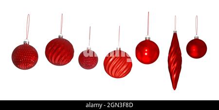 Set di sei palline rosse e una cicicola di un albero di Natale, isolato bianco primo piano. rappresentazione 3d, illustrazione 3d Foto Stock