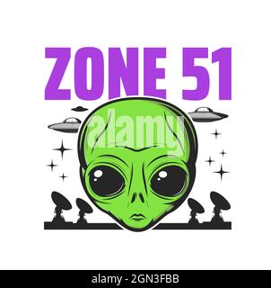 Icona zona 51, attività aliena e teoria della cospirazione UFO, segno vettoriale umanoide. American top secret zone 51 emblema di esperimenti alieni, rapimenti marziani e paranormale area di attività simbolo Illustrazione Vettoriale