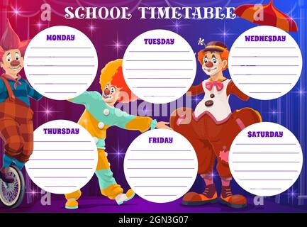 Circo clown sul calendario scolastico, pianificatore settimanale per le lezioni. Programma della scuola vettoriale o orario della settimana con clown di carnevale e jester di circo o jokers con ombrello e bicicletta sul palco Illustrazione Vettoriale