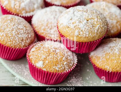 Muffin alla vaniglia fatti in casa con zucchero a velo Foto Stock