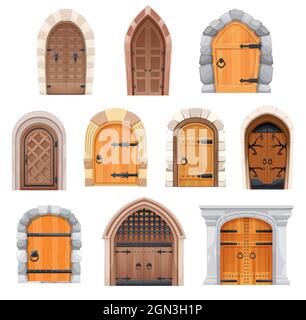 Porte e porte medievali in metallo e legno. Castle entries cartoon vettoriale design con pietra arcate porte jambs, fucinato decorazione e manopole ad anello. Palazzo fiabesco, edificio fortezza elementi esterni set Illustrazione Vettoriale