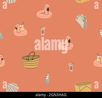 Disegno a mano vettore astratto stock grafico estate cartoon, creativo moderno minimalista illustrazione senza cuciture modello con boho flamingo cocktail ringsa Illustrazione Vettoriale