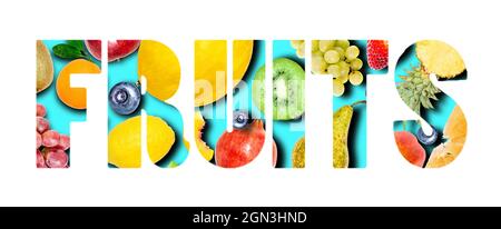 Diversi frutti tropicali sotto forma della parola frutti isolati su sfondo bianco. Foto Stock