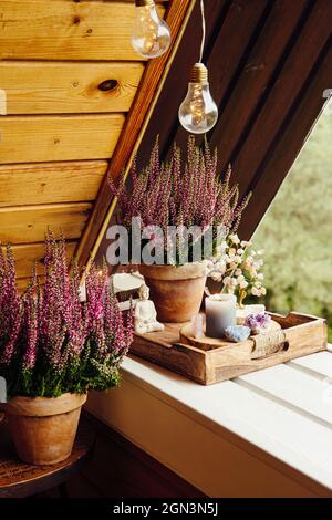Decorazione spirituale casa balcone con fiori rosa di erica, fiamma a lume di candela, geodi di cristallo, albero di cristallo e piccola statuetta Buddha. Cute autunno sp Foto Stock