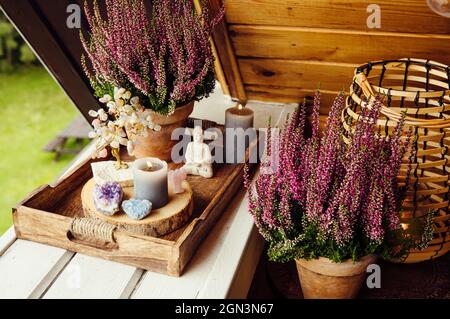 Decorazione spirituale casa balcone con fiori rosa di erica, fiamma a lume di candela, geodi di cristallo, albero di cristallo e piccola statuetta Buddha. Cute autunno sp Foto Stock