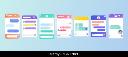 Chat bot finestra di dialogo flat design per sito web o app mobile. Interfaccia utente dell'applicazione con finestre di dialogo. Conversazione con l'assistente robot. Chatbot ai per assistenza clienti online. Illustrazione Vettoriale
