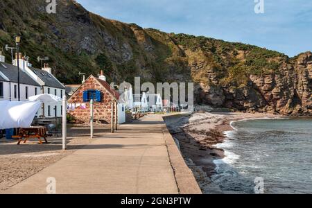 PENNAN ABERDEENSHIRE SCOZIA SCOGLIERE IL MARE DELLA BAIA E FILA DI CASE A FINE ESTATE Foto Stock