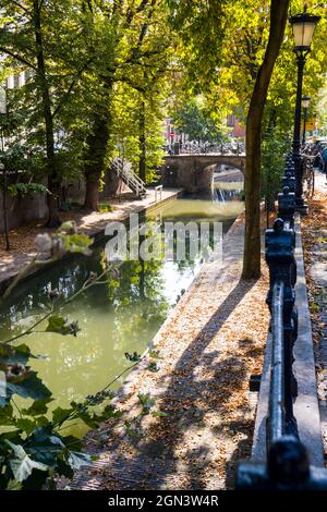 Ammira uno dei vecchi canali Oudegracht che circondano il centro di Utrecht, Olanda Foto Stock