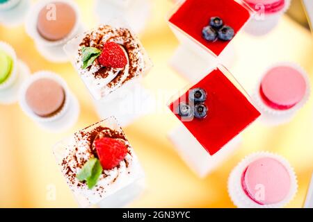 dessert vaniglia fragola panna cotta. mousse torta con frutti di bosco Foto Stock