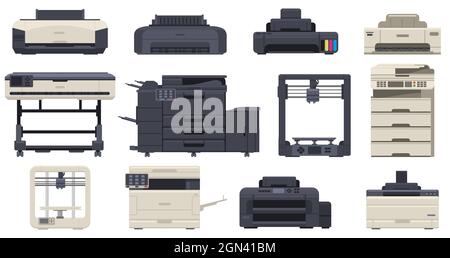 Stampanti per ufficio scanner copiatrici professionali. Dispositivi di stampa con tecnologia per ufficio, stampante 3d, set di illustrazioni vettoriali per copiatrici Illustrazione Vettoriale