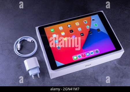 Galati, Romania, 31 marzo 2021: - Apple rilascia il nuovo iPad di ottava generazione con il potente chip bionico A12, il supporto per Apple Pencil e la Smart Key Foto Stock