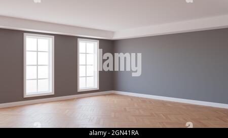 Bell'angolo interno con pareti grigie, pavimento in parquet, due grandi finestre bianche e un Plinth bianco con percorso di lavoro su finestre. rendering 3d. Ultra HD 8K Foto Stock