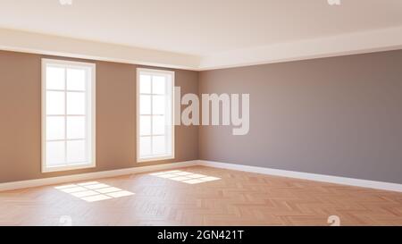 Bell'angolo interno con pareti grigie, pavimento in parquet, due grandi finestre bianche e un Plinth bianco, illuminato dal sole con Work Path su Windows. Foto Stock