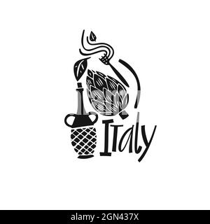 Etichetta vettoriale disegnata a mano in Italia. Illustrazione di viaggio dell'Italian Food. Illustrazione scritta disegnata a mano. Logo simbolo italiano Illustrazione Vettoriale