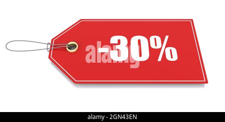 Etichetta rossa di sconto su sfondo bianco Foto Stock
