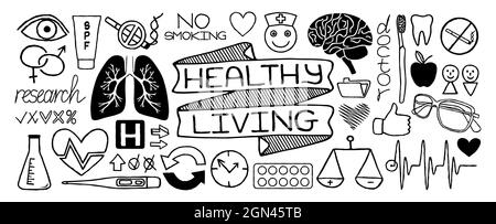 Doodles medico insieme di icone con strumenti scientifici, organi umani, diagrammi ecc, mano disegnata con linea sottile. Illustrazione vettoriale isolata su sfondo bianco Illustrazione Vettoriale