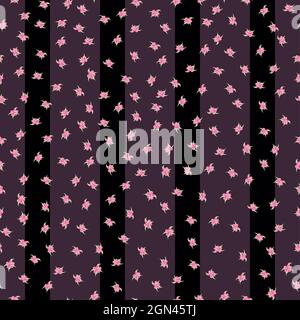 Ditsy Sakura Blossom sfondo vettoriale senza giunture. Foglie di petali di ciliegio sparse su sfondo viola nero a righe. Denso ripetizione floreale Illustrazione Vettoriale