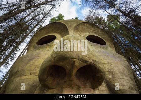 Silva capitalis, foresta testa scultura dettaglio parte di Kielder acqua e Forest Park art trail, Northumberland, Regno Unito Foto Stock