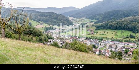 Paesaggio aereo di valle di montagna e villaggio storico, girato in luce d'estate a Oppenau, Renchtal, Foresta Nera, Baden Wuttenberg, Germania Foto Stock