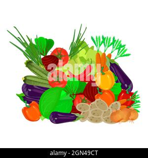 Mucca le verdure fresche isolate su background.Heap bianco di verdure organiche e greens.Harvest mature diverse di cibo crudo sano, prodotti agricoli.Big Illustrazione Vettoriale