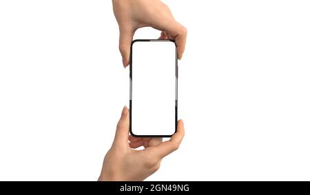 Schermo bianco vuoto del telefono cellulare, mockup, smartphone in mani isolate su uno sfondo bianco Foto Stock