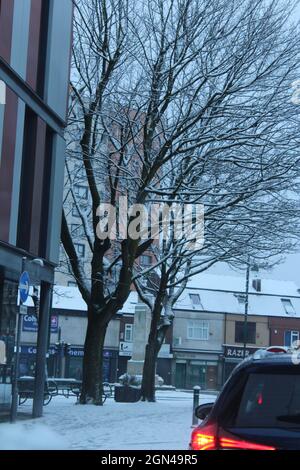 Neve a Eccles, Greater Manchester. Foto Stock