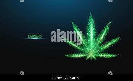 Foglia di cannabis. Struttura a reticolo a basso contenuto di poli. Il concetto di uso medico della marijuana, trattamento alternativo. Astratta illustrazione vettoriale 3d moderna su dar Illustrazione Vettoriale