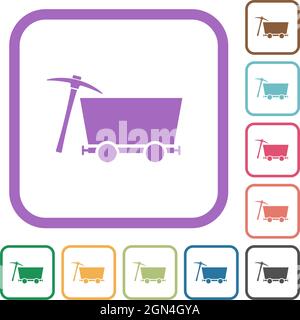 Carrello e pickaxe icone semplici a colori con cornici quadrate arrotondate su sfondo bianco Illustrazione Vettoriale