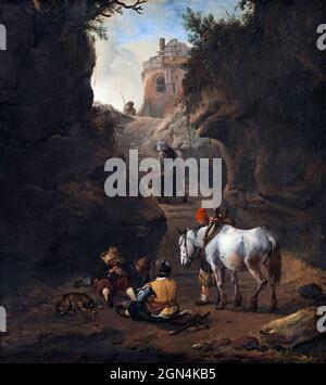 Peasants Playing Cards by a White Horse dell'artista olandese Philips Wouwerman (1619-1668) Foto Stock