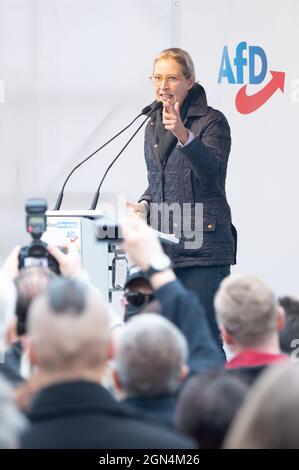 22 settembre 2021, Sassonia, Görlitz: Alice Weidel, primo candidato dell'AFD per le elezioni del Bundestag, parla ad un evento di campagna del suo partito a Marienplatz. Foto: Sebastian Kahnert/dpa-Zentralbild/dpa Foto Stock