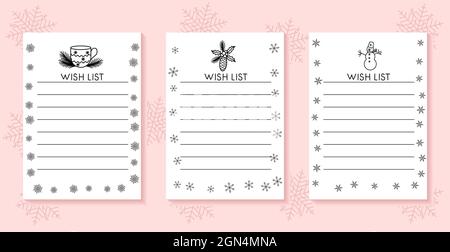 Set di modelli per la lista dei desideri di Natale. Elementi disegnati a mano. Raccolta di carte con i regali desiderati. Illustrazione vettoriale delle feste Illustrazione Vettoriale