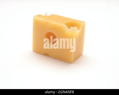 Un pezzo di formaggio Emmental biologico su sfondo bianco, cibo sano Foto Stock