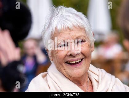 Dame Judi Dench al RHS Chelsea flower Show con una rosa rossa. Foto Stock