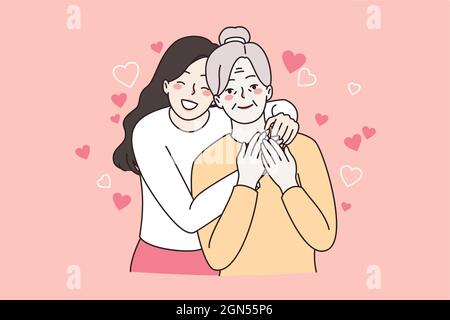 Felice famiglia donne concetto generazioni. La giovane ragazza e la nonna in piedi sorridenti sorridendo grande insieme illustrazione vettoriale Illustrazione Vettoriale