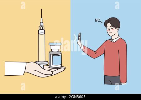 Rifiuto da droghe e concetto narcotico. Giovane maschio in piedi che dice no fare sospiro di rifiuto da siringa e vaso con illustrazione del vettore di trattamento narcotico o medico Illustrazione Vettoriale