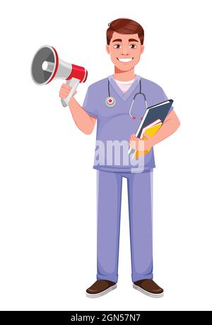 Bel medico in uniforme professionale. Medico maschile che fa annuncio con l'aiuto di altoparlante. Illustrazione del vettore di scorta su sfondo bianco Illustrazione Vettoriale