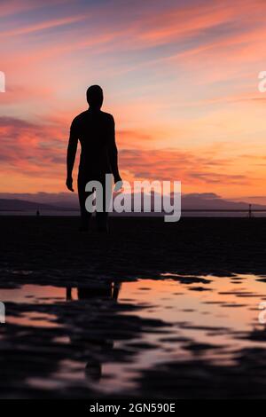 Un Iron Man guarda uno spettacolare tramonto sul Mare d'Irlanda sulla spiaggia di Crosby vicino a Liverpool nel settembre 2021. È una delle 100 statue Iron Men c Foto Stock