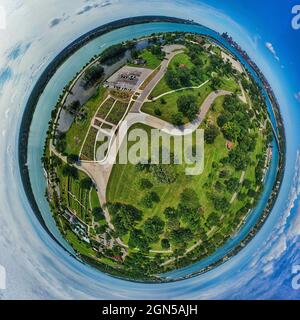 Belle Isle, Oudolf Garden Detroit e Detroit River Aerial, Wayne County, Michigan Foto Stock