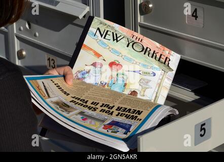 Una donna rimuove la sua posta, inclusa una copia della rivista New Yorker, da una casella di posta a Santa Fe, New Mexico. Foto Stock