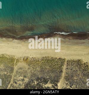 Vista aerea di Beach Grass, spiaggia, erosione e sentieri lungo la costa del lago Huron, Port Sanilac, Michigan Foto Stock