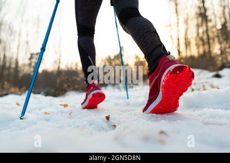 Gambe runner che corrono su Snowy Mountain Trail in inverno. Cropped Bottom View of Female Tourist with Trekking Poles Walking lungo il sentiero escursionistico su Cold Wi Foto Stock