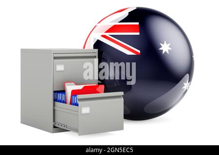 Database in Australia, Concept. Cartelle in archivio con bandiera australiana, rendering 3D isolato su sfondo bianco Foto Stock