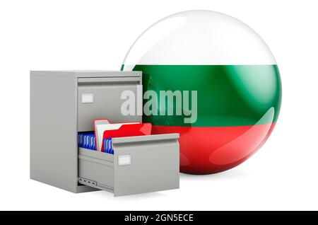 Database in Bulgaria, Concept. Cartelle in archivio con bandiera bulgara, rendering 3D isolato su sfondo bianco Foto Stock