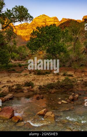 Il fiume Virgin scorre attraverso il Parco Nazionale di Zion e i colori del tramonto dipingono le pareti del canyon Foto Stock