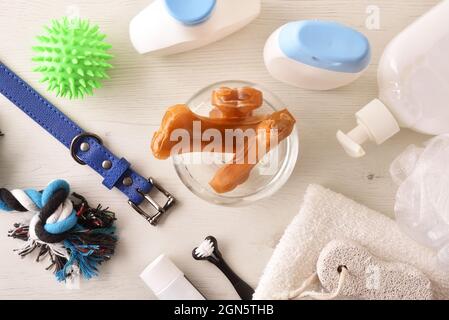 Prodotti da bagno per cani su armadio in legno in un bagno. Vista dall'alto. Composizione orizzontale. Foto Stock